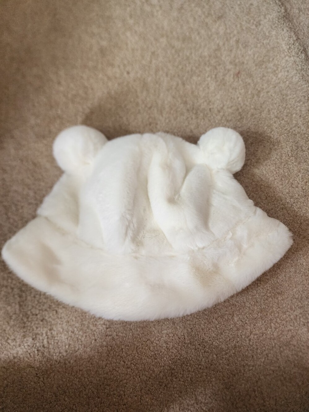 Plush Faux Fur Baby Bucket Hat with Ear Pom-Poms - White
